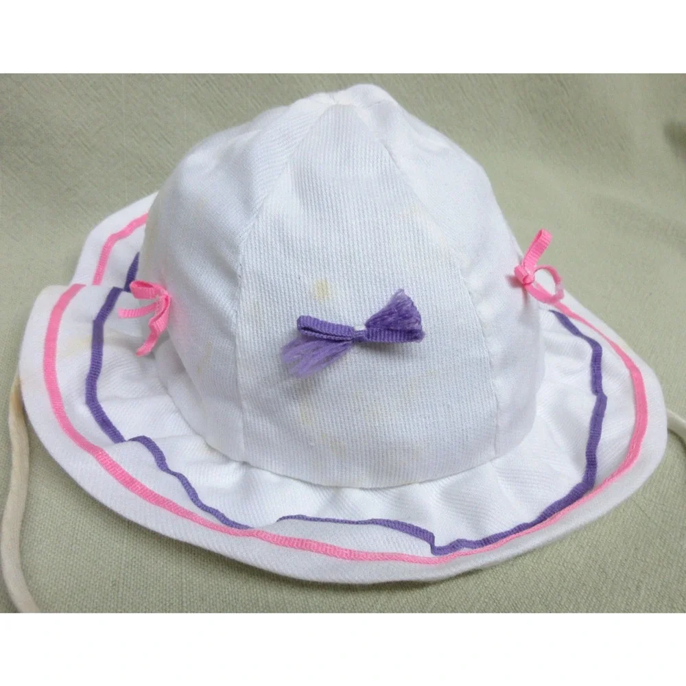 Vintage Beach Baby Bucket Retro Sun Hat- White w/ Pink & Purple Ribbons & Bows